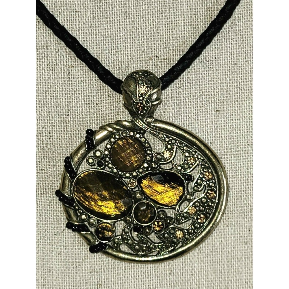 Lia Sophia Faceted Faux Tigers Eye Amber Pendant Necklace Corded Chain 15"